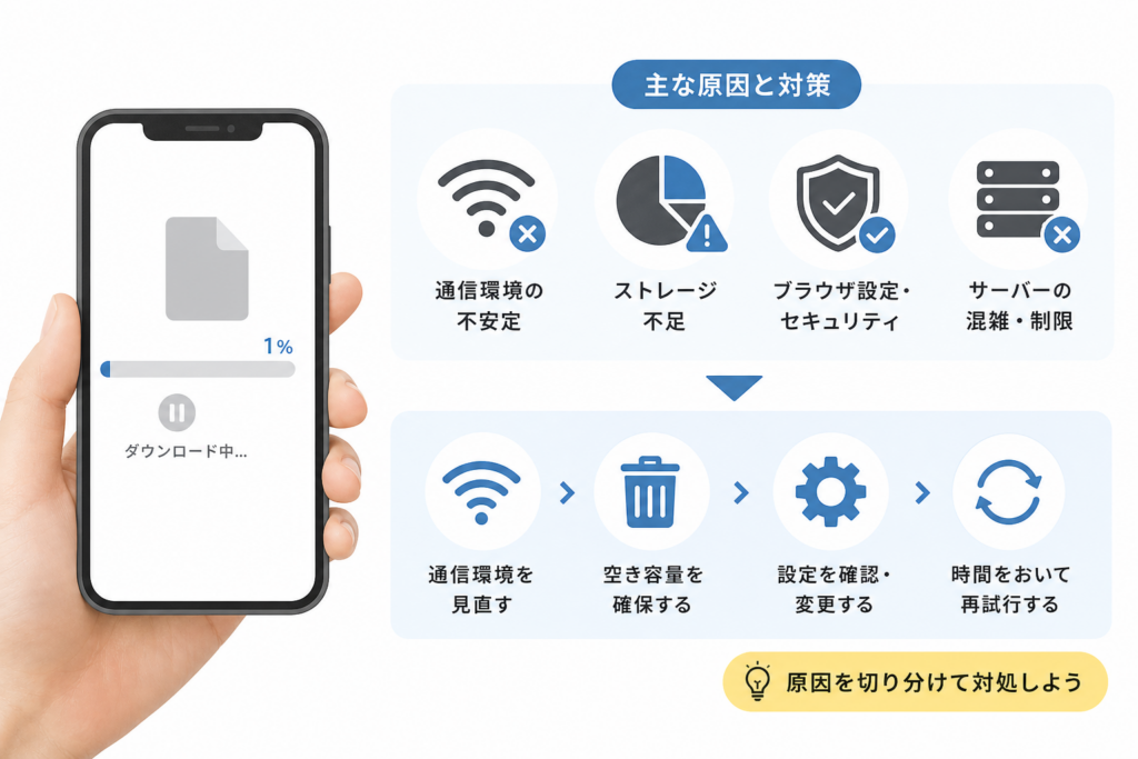 ダウンロードが途中で止まる・進まない場合の主な原因と対策