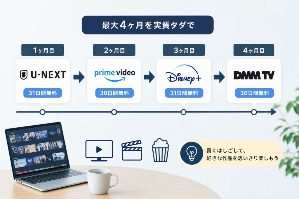 動画配信サービスのおすすめ比較!無料期間をはしごする賢い順番を大公開!最大3ヶ月から4ヶ月の間を実質タダで駆け抜ける完璧なルート