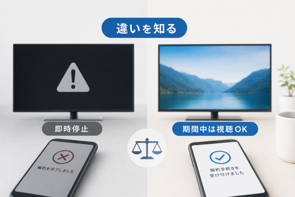 解約した瞬間に画面が真っ暗になる?手続き前に知っておくべき即時停止と期間中継続の決定的な違い