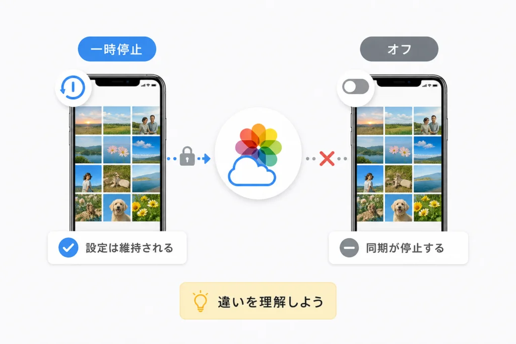 「一時停止」と「iCloud写真をオフ」は何が違う?