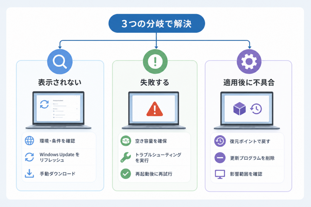 「表示されない」「失敗する」「適用後に不具合」の分岐表