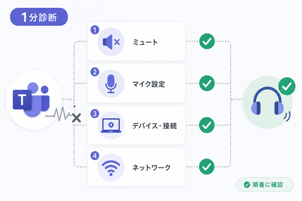 【1分診断】Teamsで音声が聞こえない・マイクが反応しない切り分け表