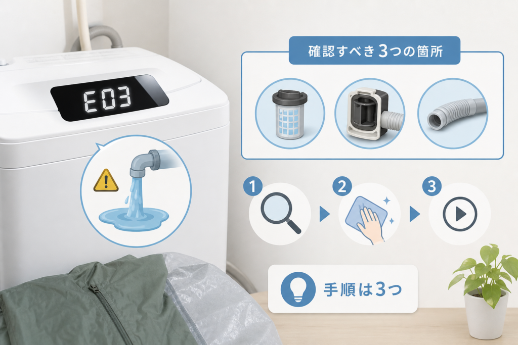 シャープ洗濯機の「E03」は対象機種で排水異常を示す