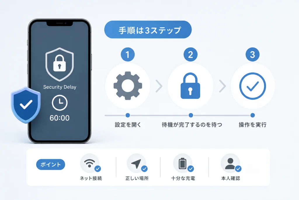 セキュリティ遅延が始まった後は、どの順番で操作する？