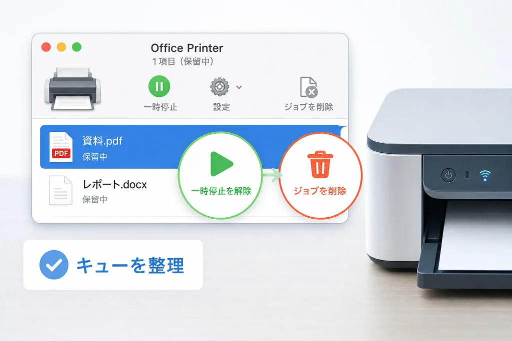 プリントキューの一時停止を解除し、止まったジョブを削除する