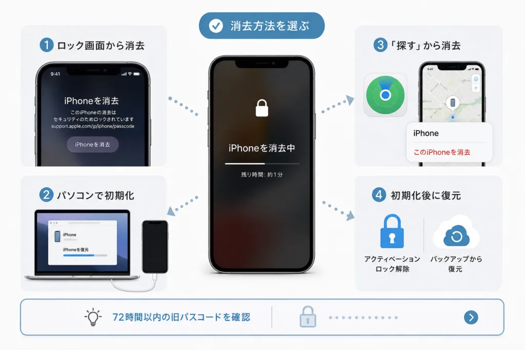 ロック画面からiPhoneを消去するには？