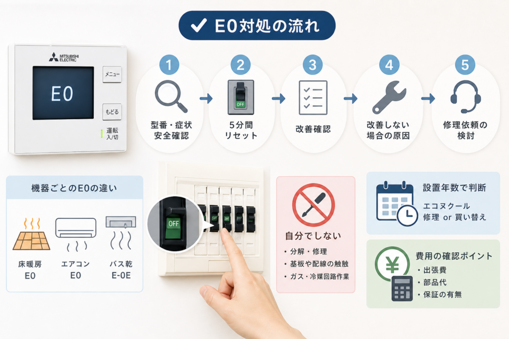 三菱床暖房のE0は型番別説明書で意味を確定する