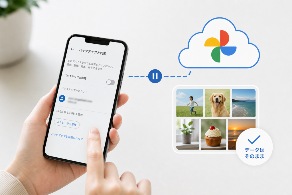 写真を消さずにバックアップ停止後の状態を確認する方法