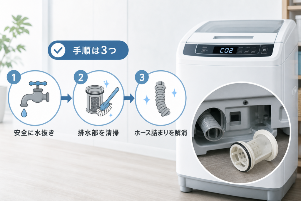 日立洗濯機のC02エラーは主に排水異常｜原因と確認ポイント