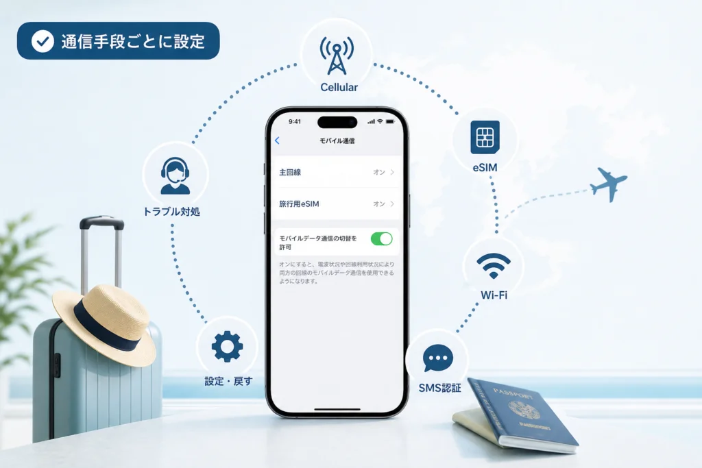 海外では、どの回線のデータローミングをオンにする？