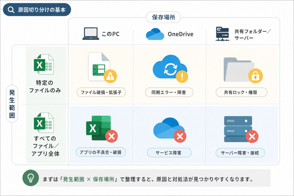 発生範囲×保存場所でExcelが開かない原因を切り分ける
