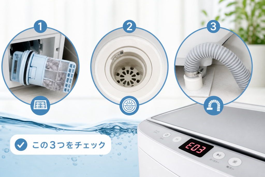 糸くずフィルター・排水口・排水ホースを確認する