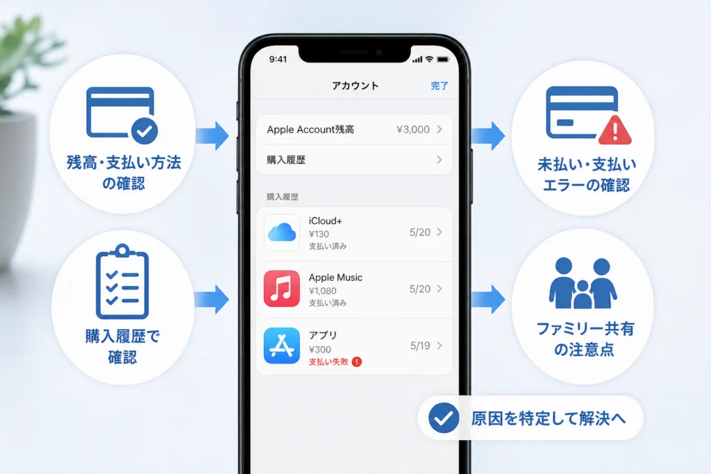 購入履歴で、未払いと購入結果をどう確認する?