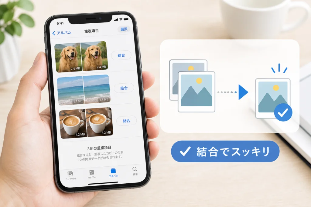 iPhoneの重複写真を個別・一括で結合する手順