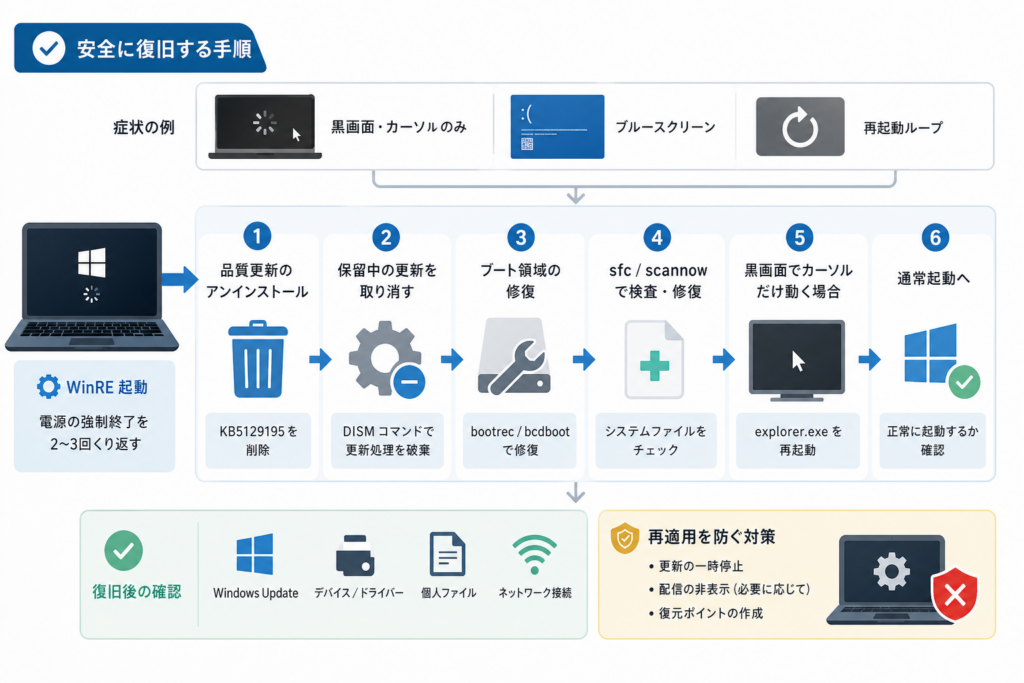 KB5129195が対象か確認して品質更新をアンインストールする