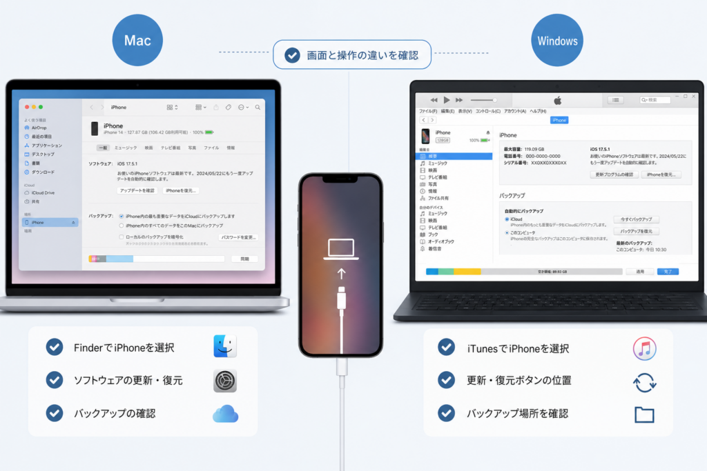 MacとWindowsで異なる画面と確認ポイント