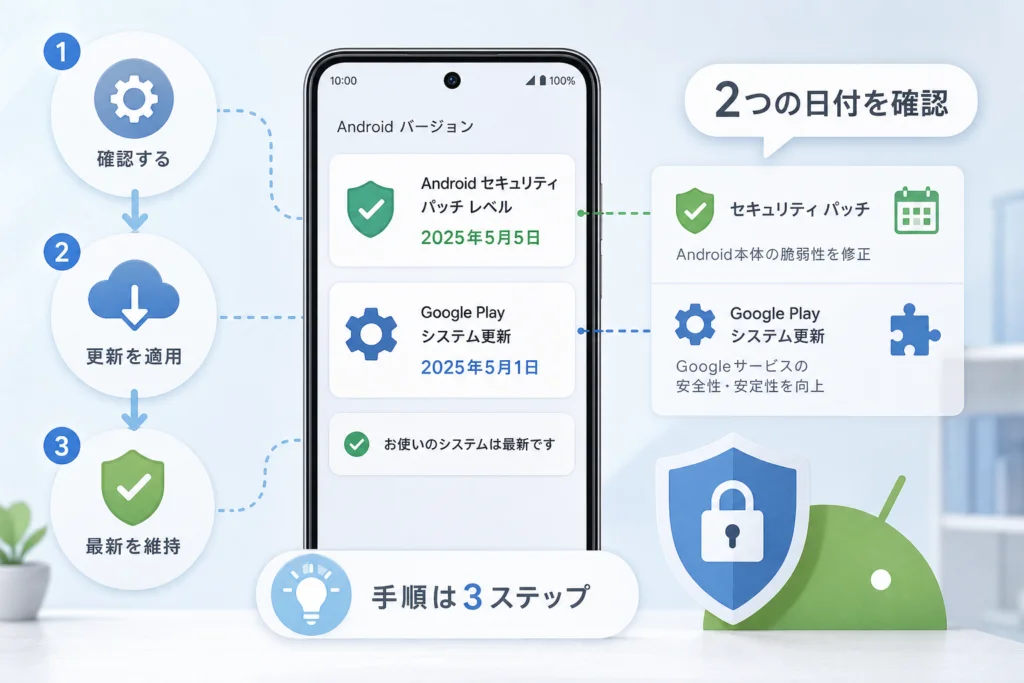 Androidセキュリティパッチレベルを確認し、更新を適用する手順
