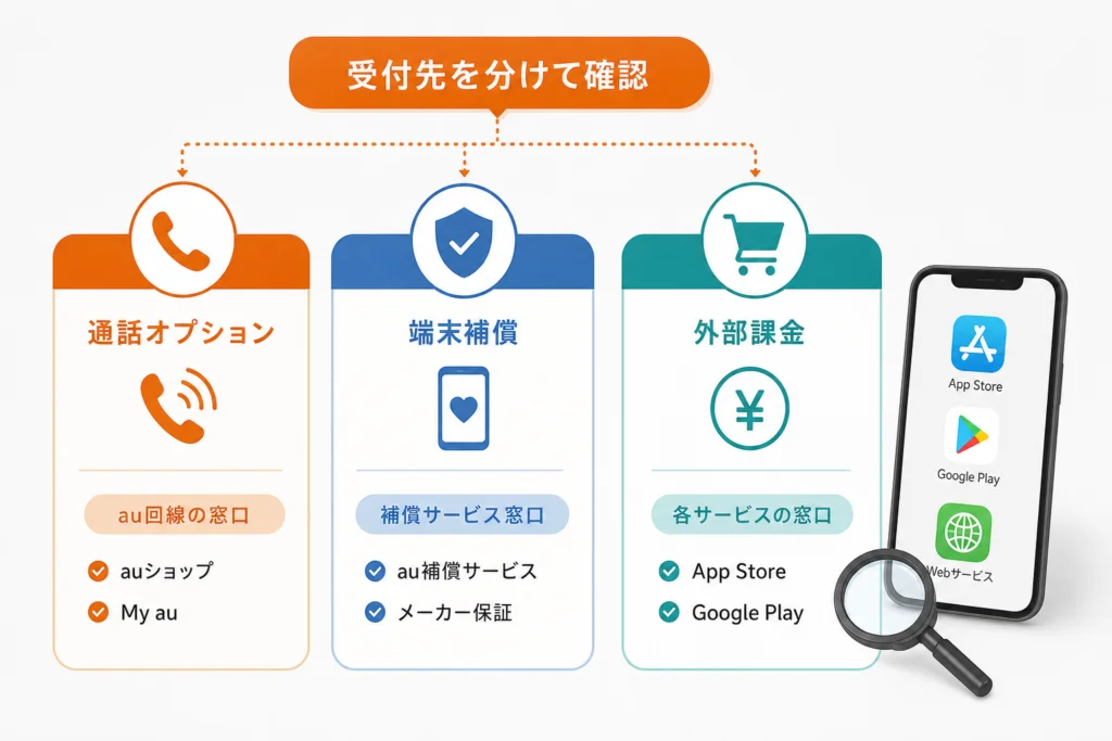 au:通話オプション・端末補償・外部課金で受付先を分ける