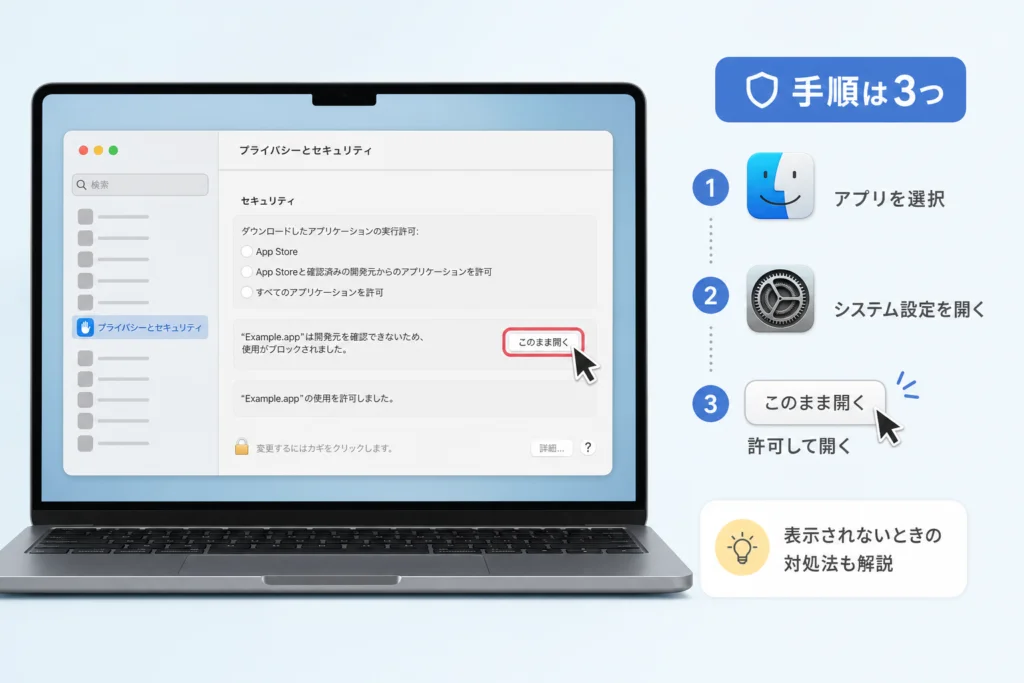 「このまま開く」が表示されない・押せないときの対処