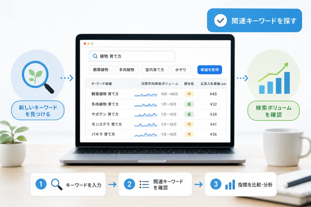 「新しいキーワードを見つける」で関連キーワードを探す