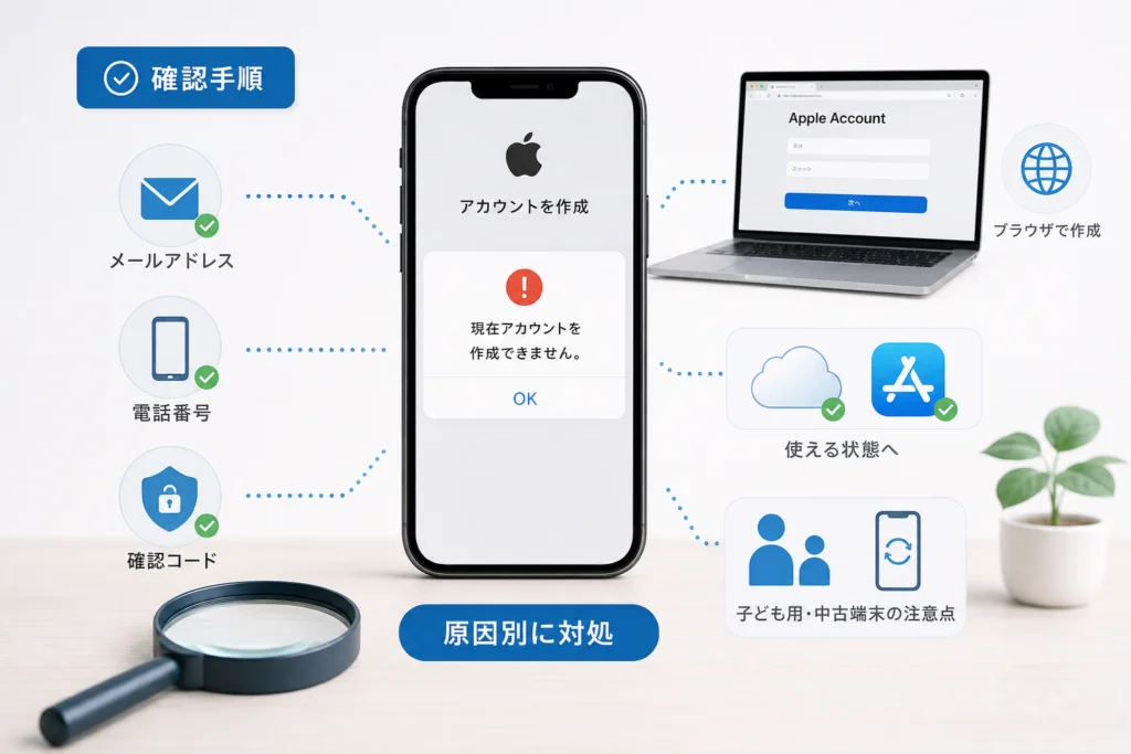 「現在アカウントを作成できません」と表示されたときの確認手順