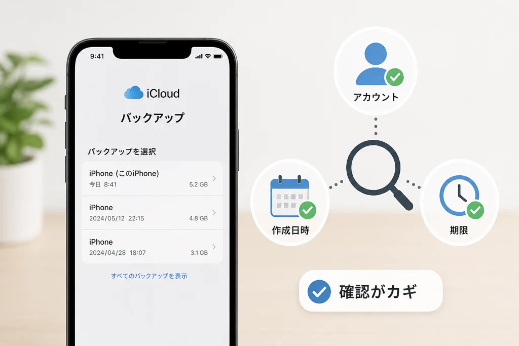 バックアップが見つからない場合はアカウント・作成日時・期限を確認