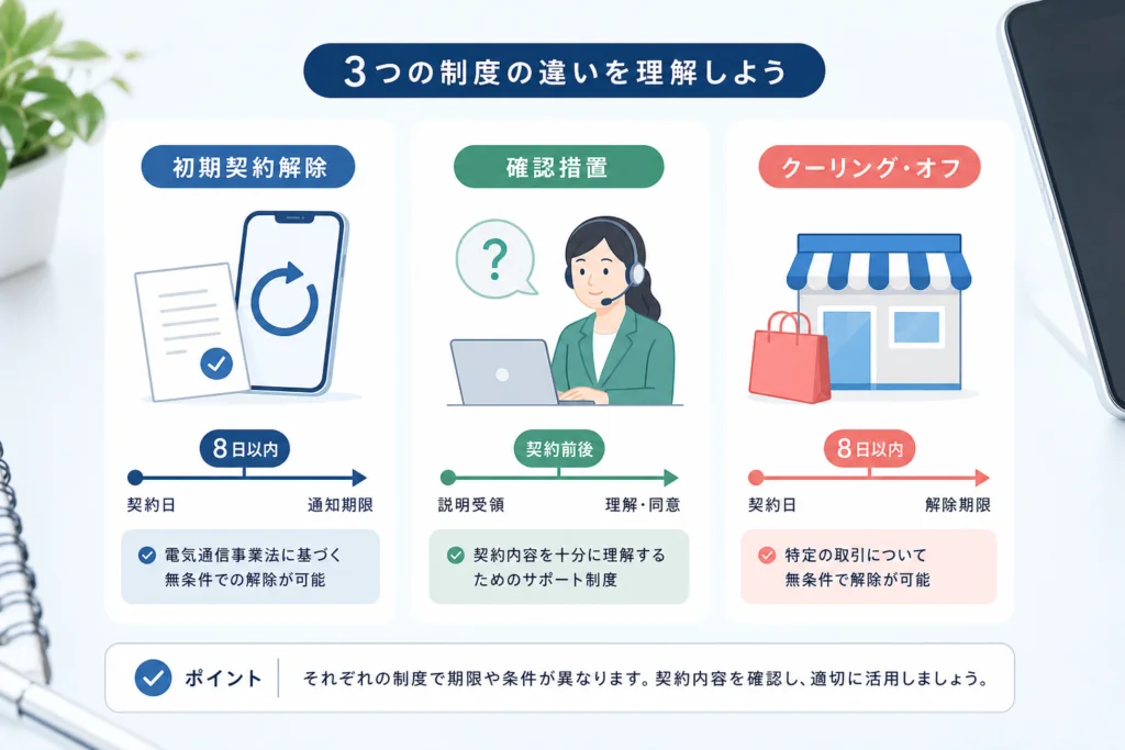 初期契約解除・確認措置・クーリング・オフの違い
