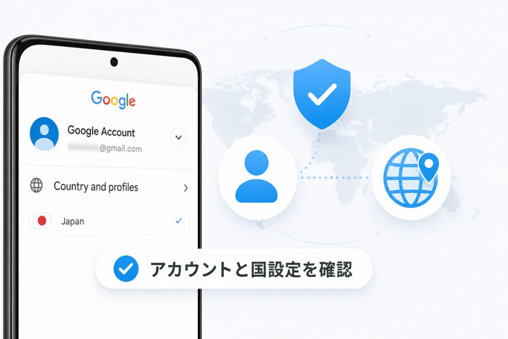 利用中のGoogleアカウントと国設定を確認する