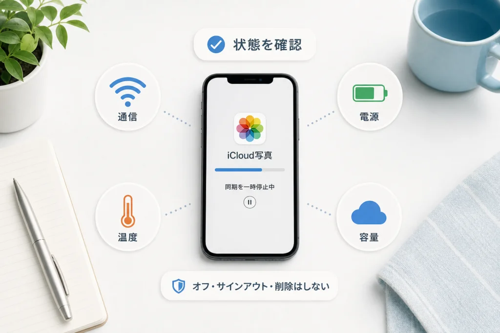 同期が一時停止しているときは通信・電源・温度を確認