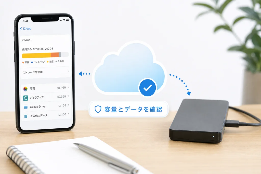 手続き前に確認する使用容量とデータの退避