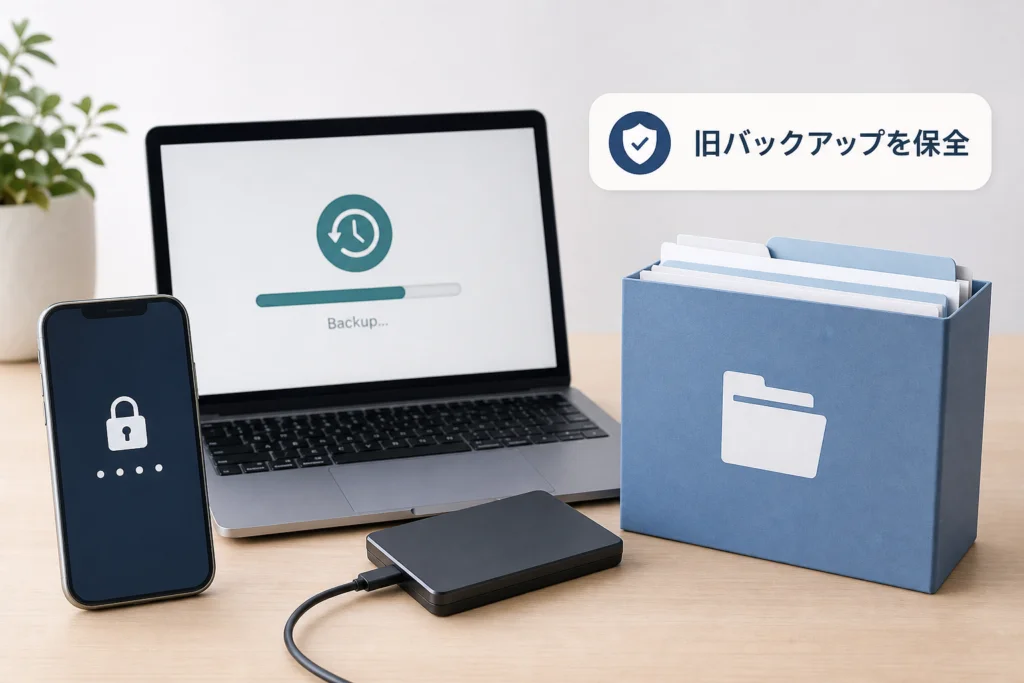 新規作成の前に、旧バックアップをフォルダごと保全する