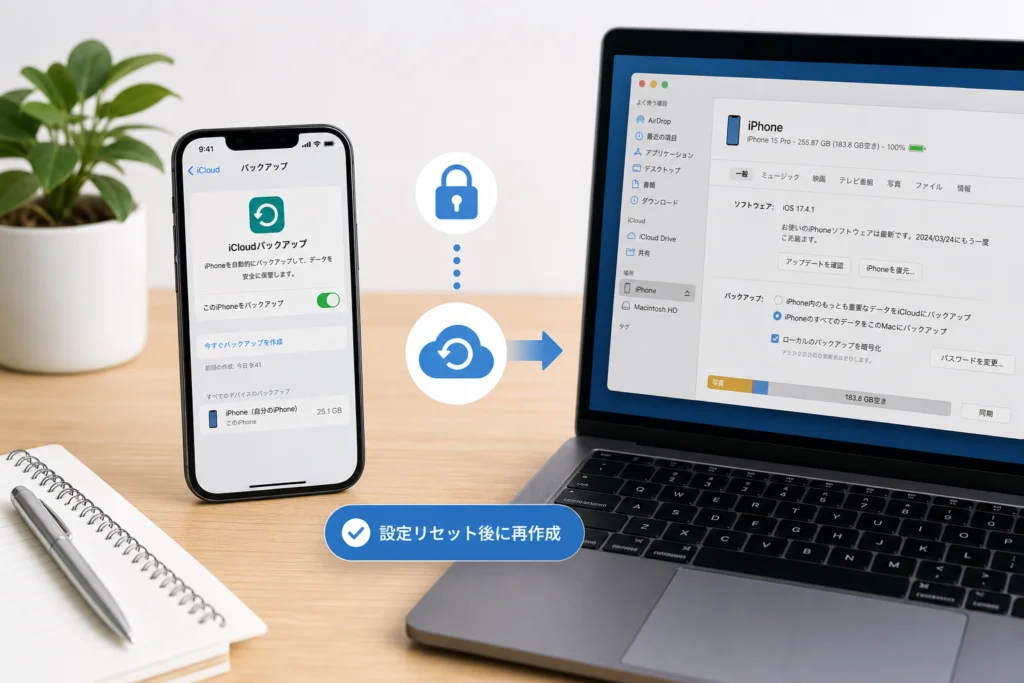 旧iPhoneにデータが残る場合は、設定リセット後に再作成する