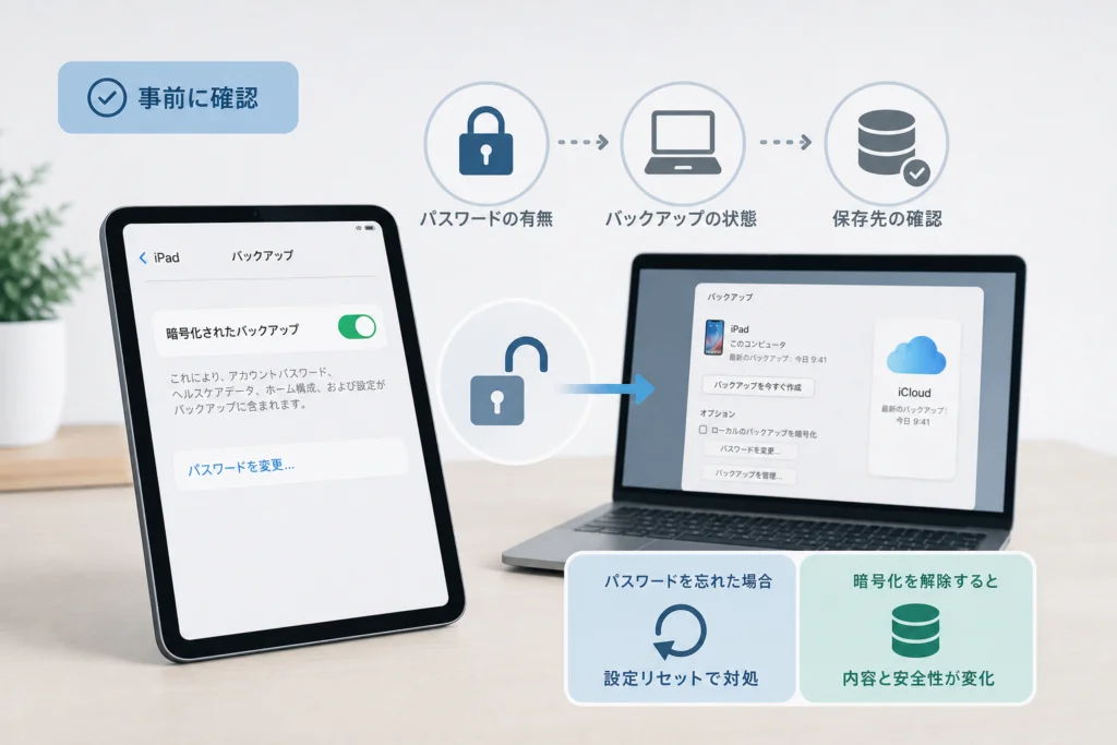 暗号化解除の前に確認したいパスワードとバックアップの状態