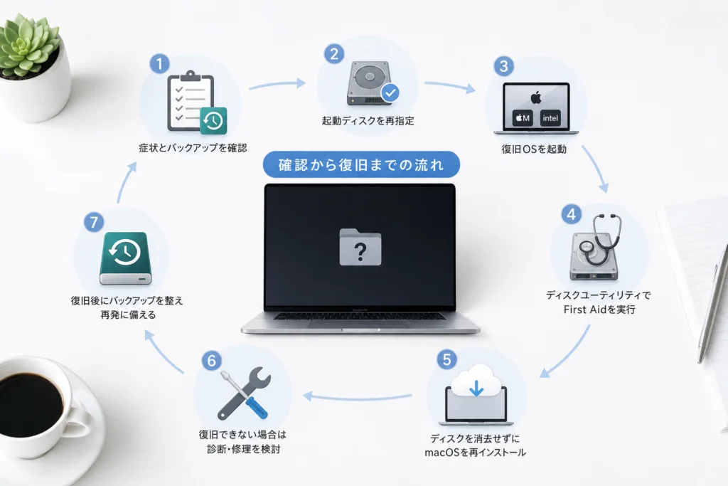 最初に症状とバックアップの有無を確認する