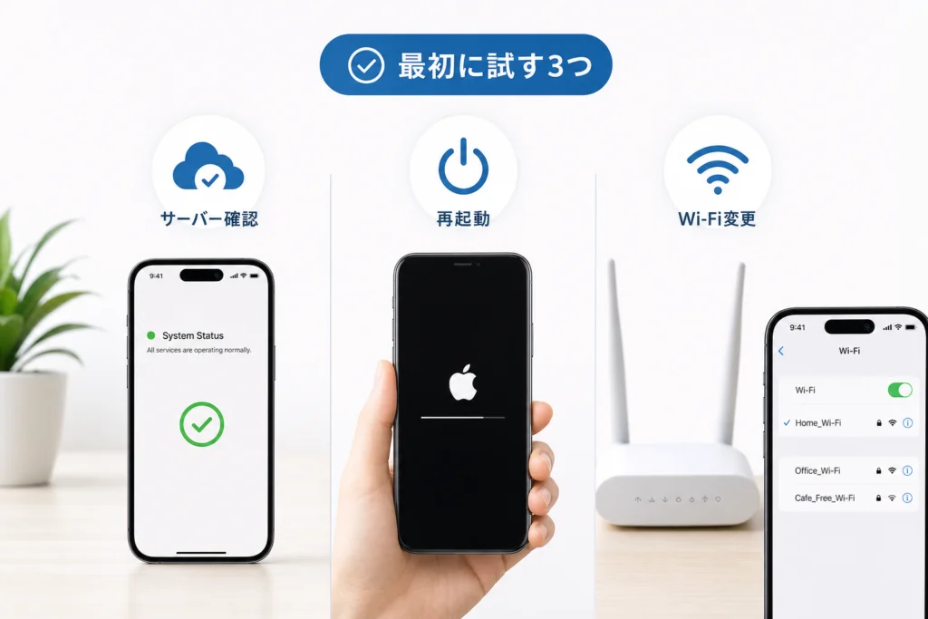 最初に試す対処法｜サーバー確認・再起動・Wi-Fi変更
