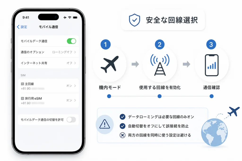 海外渡航や通信障害時に安全にeSIM回線を選択するフロー