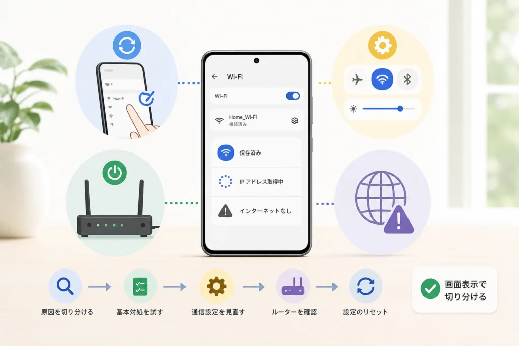 画面の表示別に確認する:保存済み・IPアドレス取得中・インターネットなし
