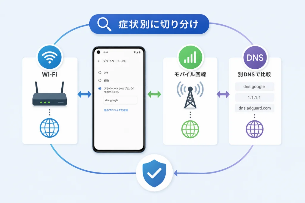 症状別に原因を切り分ける｜Wi-Fi・モバイル回線・別DNSで比較