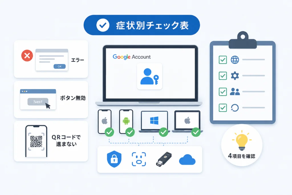 症状別チェック表:エラー・ボタン無効・QRコードで進まない