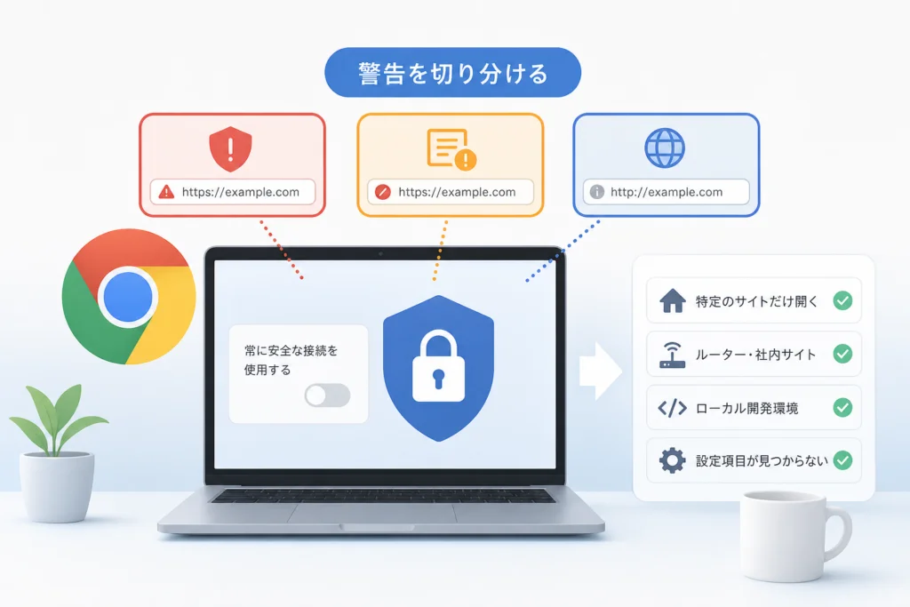表示された警告はHTTPS優先、証明書エラー、HTTP表示のどれ？