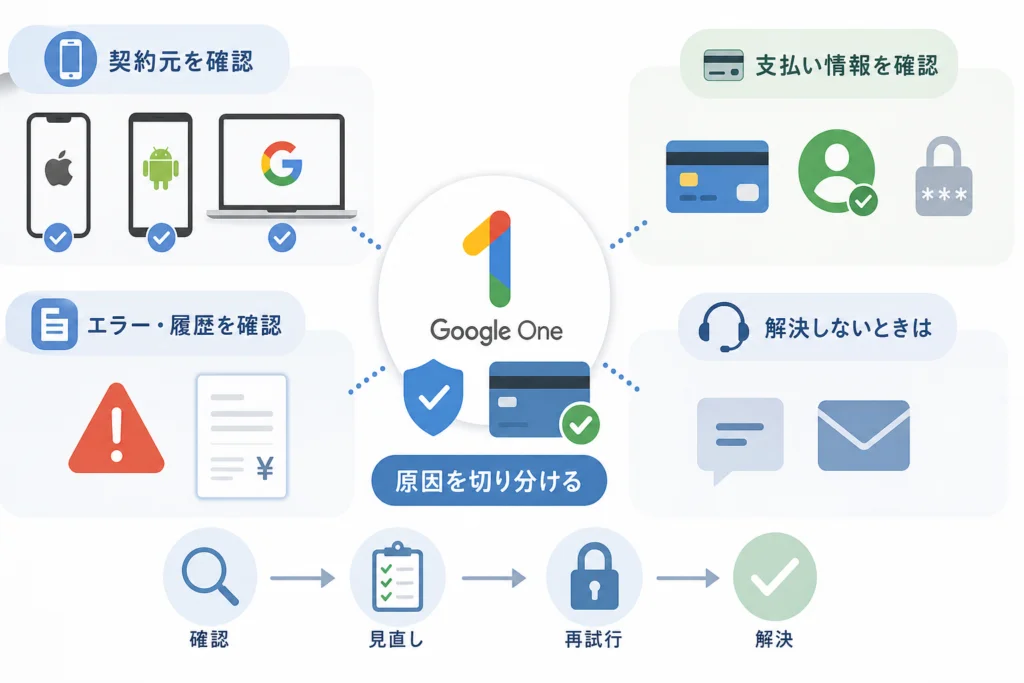 表示エラー別にGoogle Oneの支払い失敗を切り分ける
