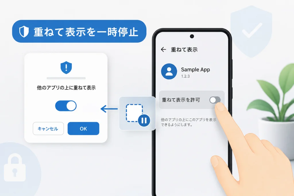 許可ボタンが押せない場合は重ねて表示を一時停止する