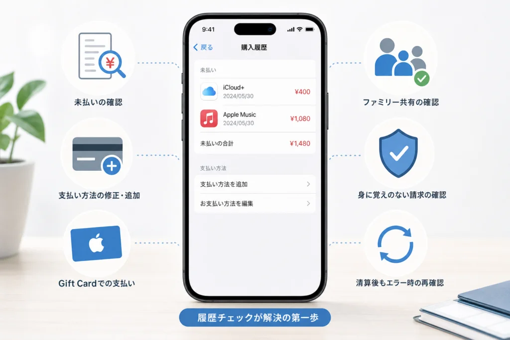購入履歴で未払いの項目と金額を確認する
