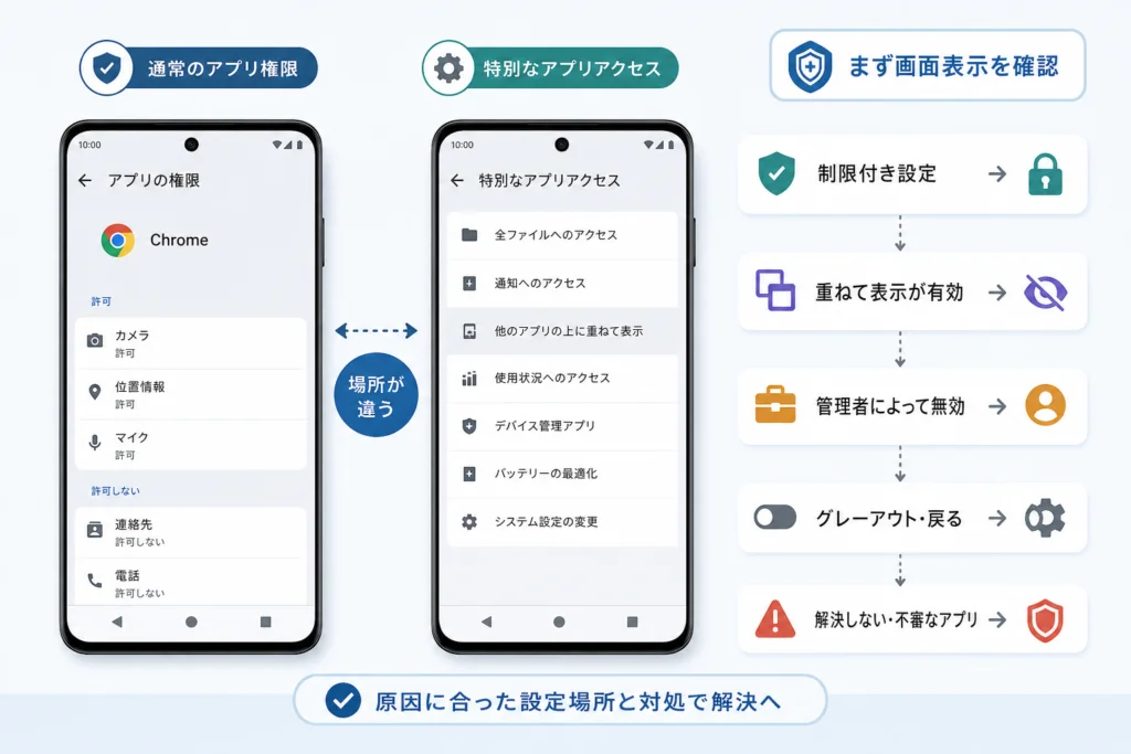 通常のアプリ権限と「特別なアプリアクセス」は変更場所が違う