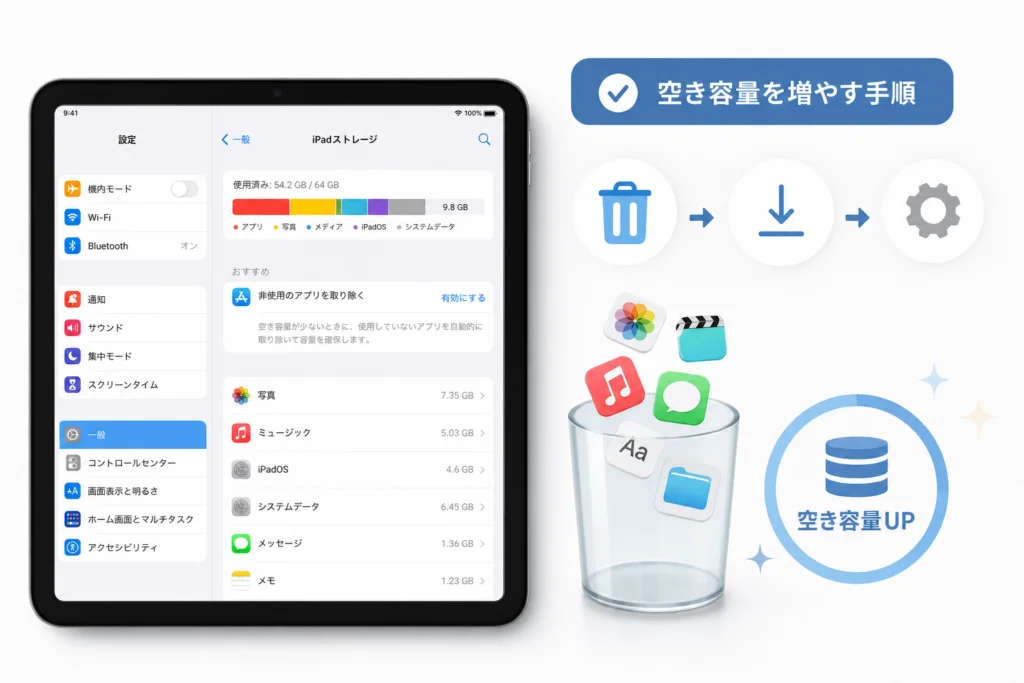 PCがない場合にiPadの空き容量を増やす手順