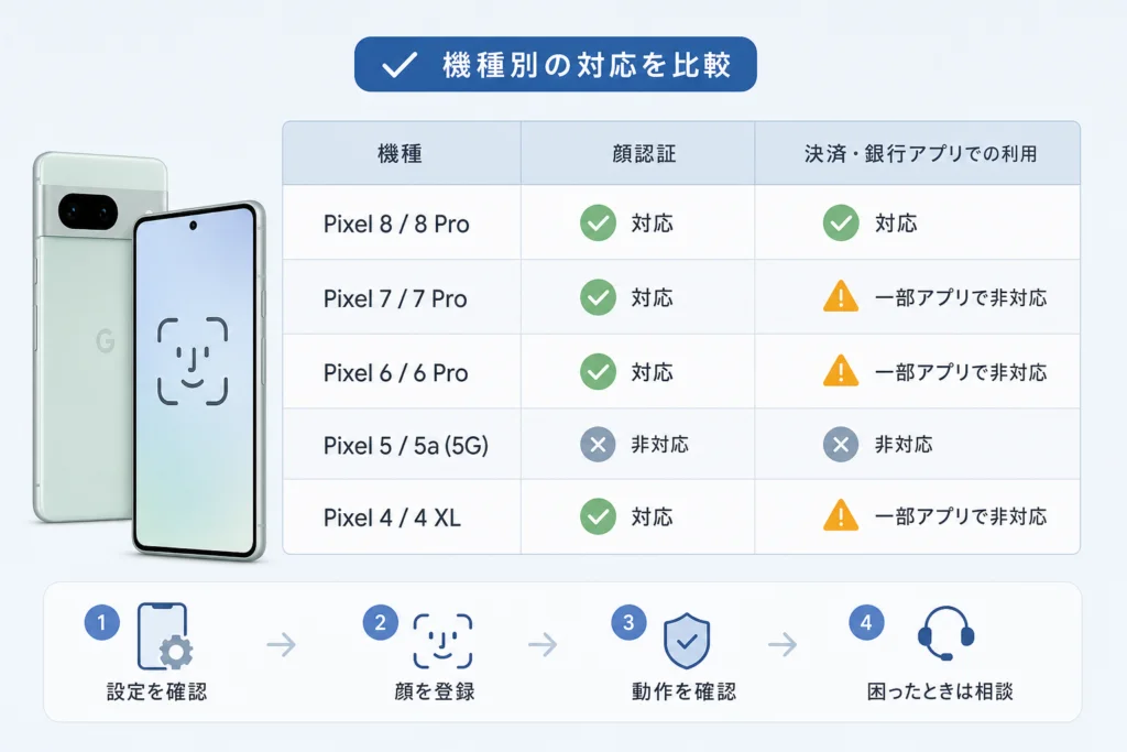 Pixelの顔認証対応機種と決済対応を比較