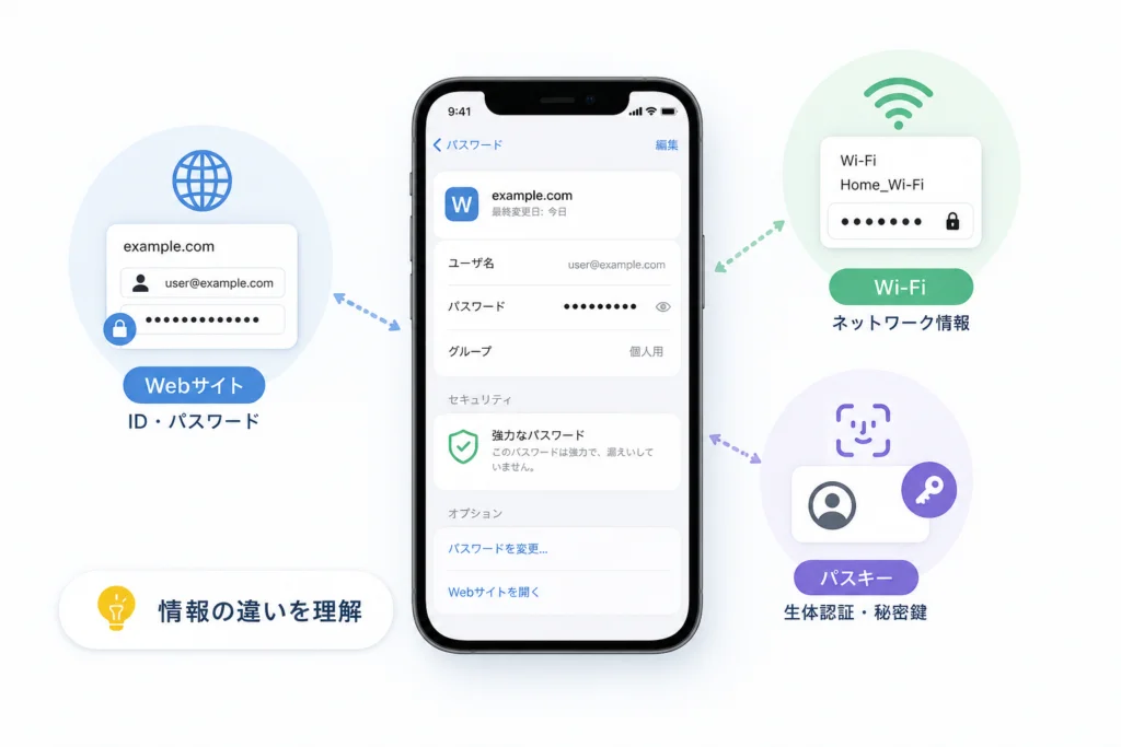 Webサイト・Wi-Fi・パスキーで確認できる情報は違う